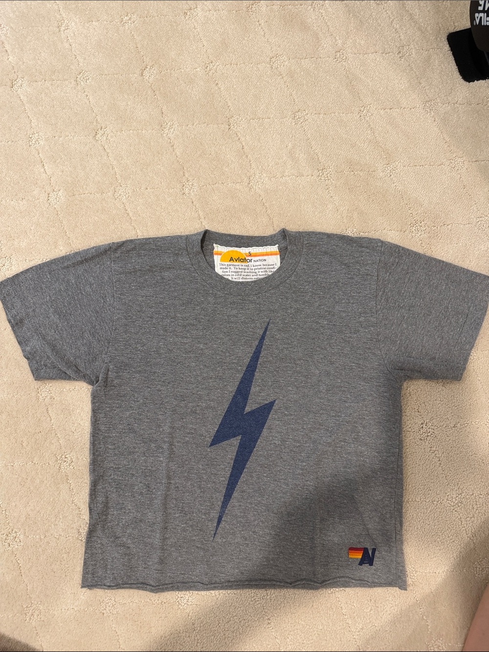 Aviator Nation women’s cropped Gray Tee with Navy Lightning Bolt